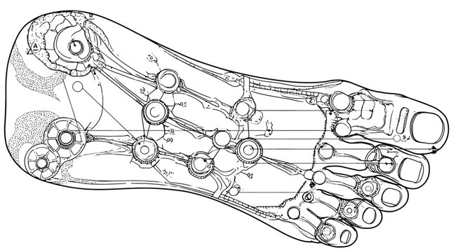 Black and white illustration of a foot with internal organ/nerve/system mapping
