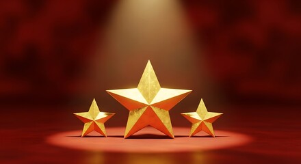 Three shining gold stars of varying sizes under a spotlight on a red background