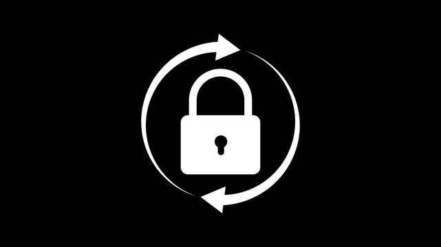 White padlock enclosed by a circular arrow symbol indicating security and continuous protection against a solid black background with no other present in the composition Keywords: lock, padlock