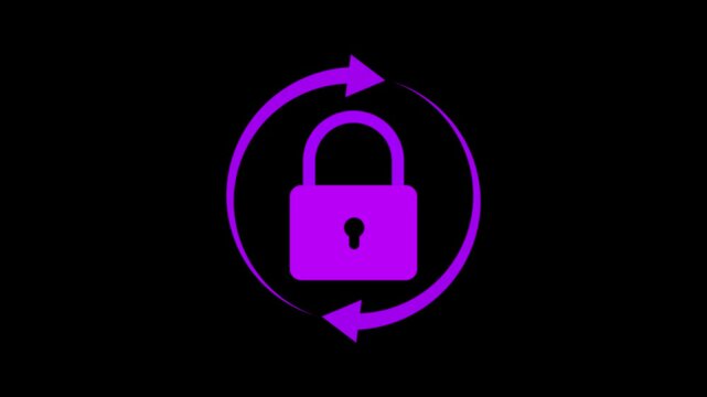 Vibrant purple padlock surrounded by a circular arrow symbol representing ongoing security and protection against a dark black background with no additional visual Keywords: lock, padlock