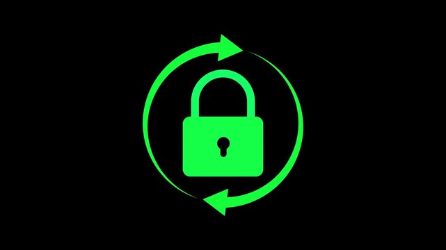 Bright green padlock enclosed by a dynamic circular arrow symbol signifying continuous security and data protection against a plain black background with no other visual distractions Keywords