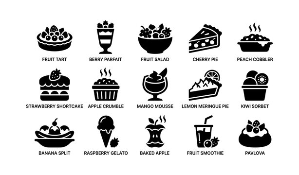 Assorted dessert icons: tart, parfait, pie, sorbet, gelato, and more