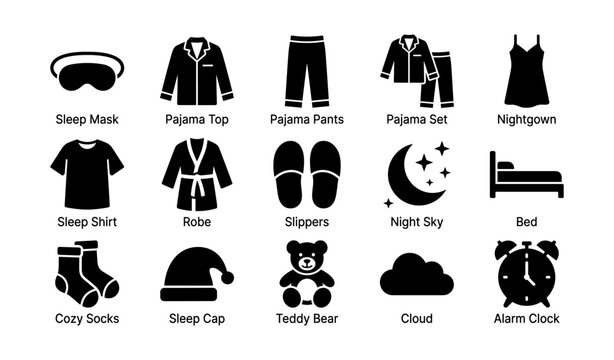 Sleepwear essentials and bedtime icons featuring pajamas and nighttime accessories