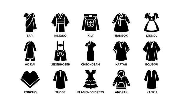 Traditional clothing icons: sari, kimono, kilt, hanbok, dirndl