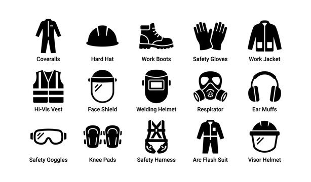 Safety gear icons: hard hat, work boots, gloves, hi-vis vest, respirator