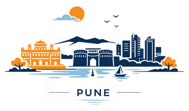 Pune City Skyline Maharashtra India Travel Landmark Flat Vector Illustration