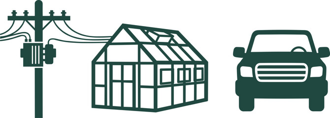 Obraz premium Greenhouse Building with Utility Pole and Pickup Truck Vector Illustrations Featuring Residential Energy Infrastructure and Rural Gardening Elements for Agricultural and Suburban Design Projects