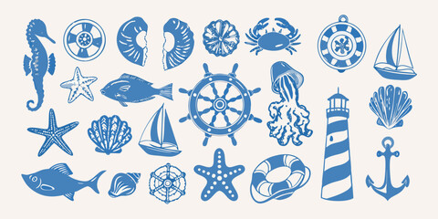 A collection of blue nautical illustrations depicting sea life and objects © Parash