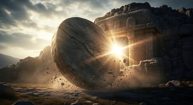 Dramatic scene of a large stone rolling past ancient structure in sunlight