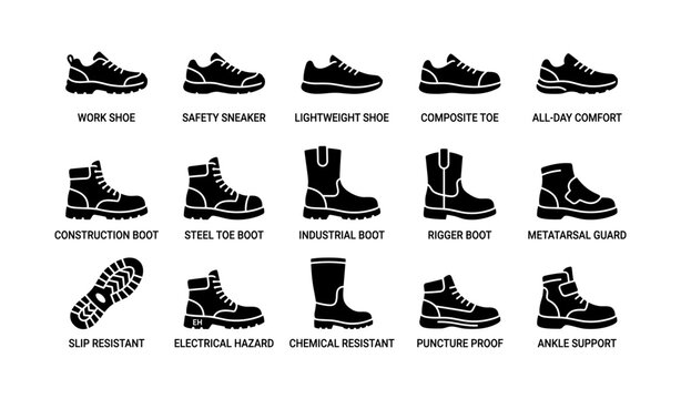 Various work footwear types and features: safety sneakers, industrial boots, protection