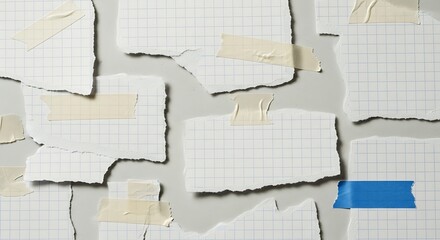 Torn graph paper fragments taped to a light gray surface, some with exposed edges