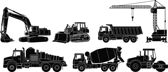 Heavy Construction Machinery Silhouette Set Featuring Excavator Bulldozer Dump Truck Crane Concrete Mixer and Road Roller Vector Icons for Industrial Building Site Equipment Design © MSTMUNMUN