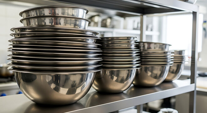 Stacks of shiny stainless steel bowls on a kitchen shelf in a commercial setting indoors.