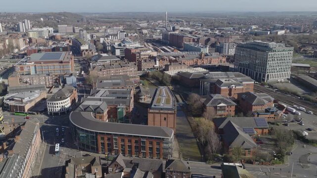 Establishing aerial view of Nottingham, city in the East Midlands of England, United Kingdom