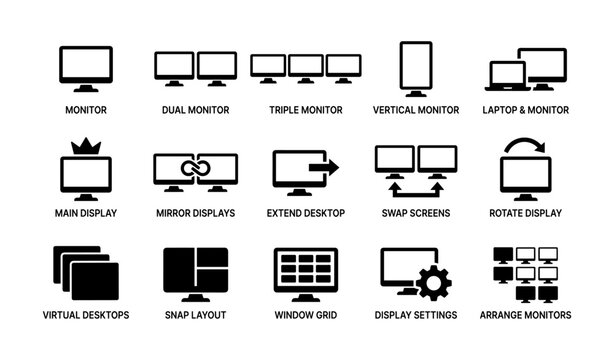 Computer display configurations: icons for monitors, layouts, and settings