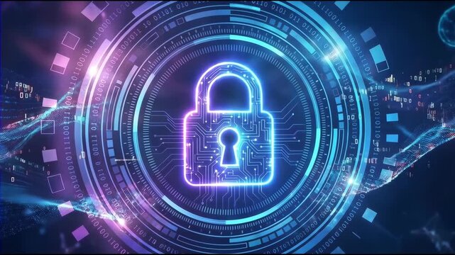 Digital padlock icon with glowing neon circuits and binary code, symbolizing cybersecurity and data protection
