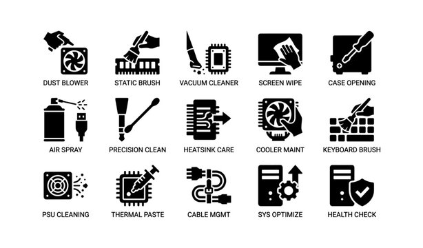 Computer maintenance icons: tools for cleaning, repair, and optimization