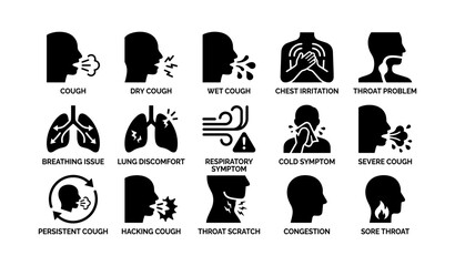 Naklejka na ściany i meble Respiratory symptoms icons: cough, chest irritation, throat issues, breathing trouble, cold symptoms