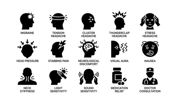 Headache types and symptoms icons: migraine, tension, cluster, stress, thunderclap