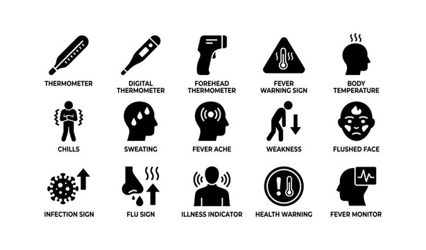 Fever and illness icons: thermometer, warning signs, symptoms, and indicators