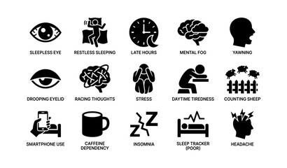 Naklejka premium Icons depicting sleep deprivation and its effects