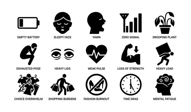 Icons depicting fatigue and stress with sleepy faces and energy loss