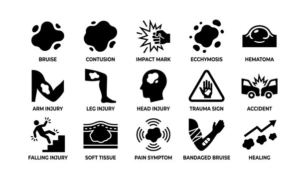 Injury icons: bruise, contusion, impact, arm, leg, head, trauma, accident, healing