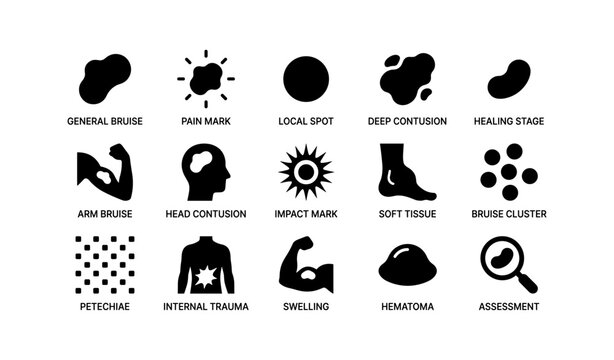 Silhouette icons: bruises, contusions, internal trauma, swelling, assessment