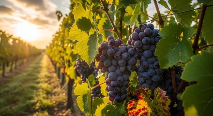 Naklejka premium Ripe Purple Grapes Hanging From Vineyard at Sunset