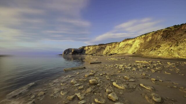 Misty coastal cliff at sunrise, gentle tide sweeping over shallow pools, algal textures on pebbles, soft pastel light and mirror reflections ideal for biologist