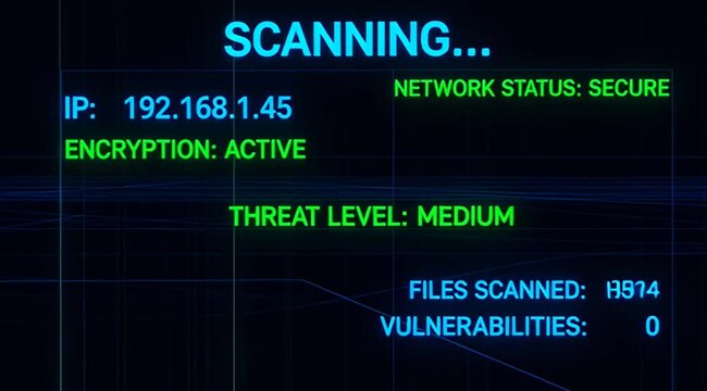 Network Security Scan Showing Encryption Active, Secure Network, and Medium Threat Level