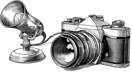 Vintage-style illustration of photography equipment.  A light, and camera are the focus
