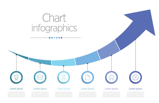Minimalist business infographic showing 6 stages of growth. Vertical bar chart with six ascending steps, each labeled with editable text placeholders. Clean design with gradient color progression.