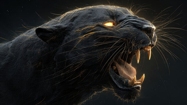 Angry furious black panther roaring showing teeth in aggressive attack pose with powerful glowing eyes on dark background