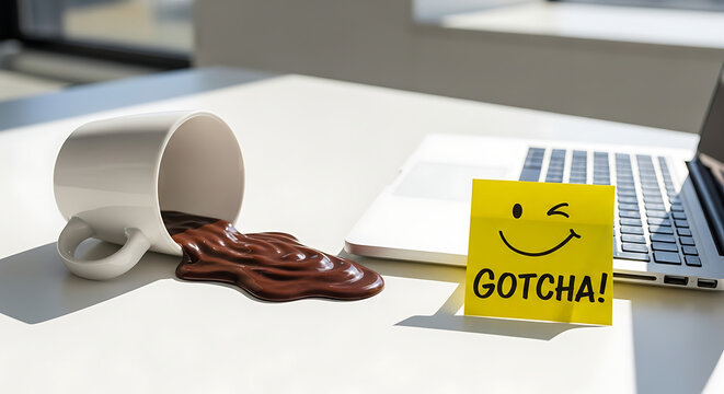 April fools prank with spilled coffee mug on laptop and funny note showing happy face and gotcha text on office desk