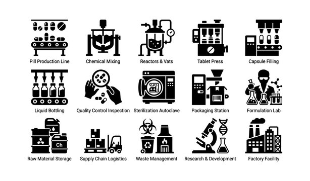 Pharmaceutical manufacturing icons: production, inspection, packaging, research