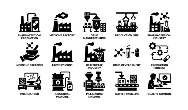 Pharmaceutical manufacturing icons: medicine production, drug development, quality control