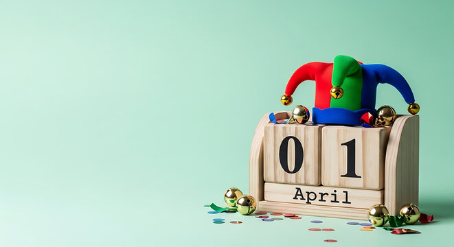 April 1st calendar blocks with jester hat and bells and confetti for april fools day celebration