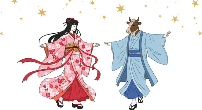 Traditional Japanese folk tale illustration featuring Orihime and Hikoboshi characters in beautiful kimono dancing under a golden starry night sky isolated on white background.