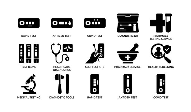 Diagnostic kits icons: rapid covid antigen self-tests and healthcare tools