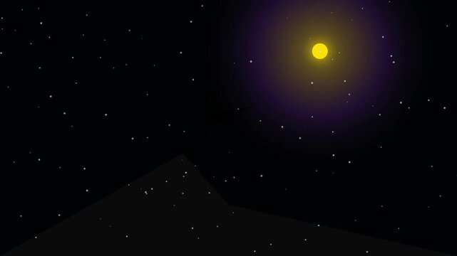 A minimalist digital illustration of a serene night sky scene. A bright yellow full moon glows with a soft purple-violet halo in the upper right, casting a mysterious atmospheric light. The dark backg