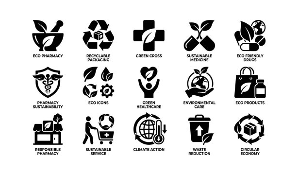 Eco-friendly healthcare and sustainability icons for medical and environmental care