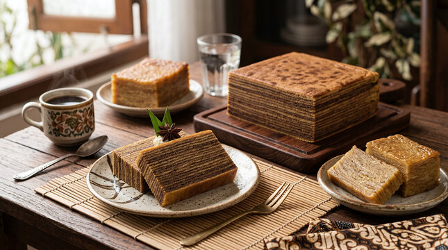 Traditional Indonesian Lapis Legit Cakes and Hot Coffee Served on Rustic Wooden Table