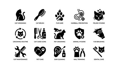 Fototapeta premium Comprehensive cat grooming icons: hygiene, care, maintenance, prevention, and cleaning