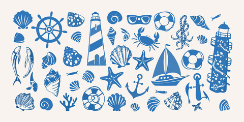 Nautical themed doodles including seashells boats and lighthouse illustrations © Biplab