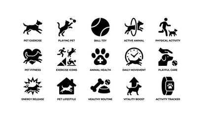 Pet exercise icons featuring dogs and cats in various activities