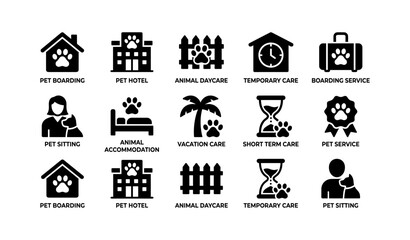 Obraz premium Pet care icons: boarding, hotel, daycare, temporary services, sitting
