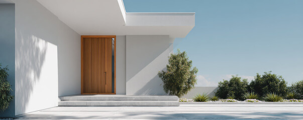 Modern minimalist white house exterior facade with wooden front door showing clean architectural lines and inviting warmth bright blue summer sky