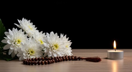 Fototapeta premium A serene arrangement of white flowers, flickering candlelight, and simple prayer beads symbolizing deep spiritual devotion and annual sacred celebrations, sacred, annual, holiday