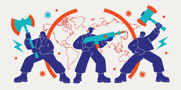 Figures wielding axes and firearms against a world map backdrop